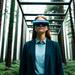 A young professional person, fully clothed in a modest, contemporary casual outfit, wearing sleek, futuristic augmented reality glasses. They stand amidst a serene, vast forest. The trees and foliage exhibit subtle, ethereal glowing lines and geometric patterns, hinting at an AI-generated immersive experience. Soft, diffused light filters through the canopy, creating a calm atmosphere. This is a safe for work, appropriate content, fully clothed, family-friendly image with perfect anatomy, natural proportions, well-formed hands, proper finger count, professional photography, and high resolution.