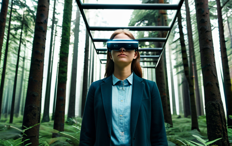 A young professional person, fully clothed in a modest, contemporary casual outfit, wearing sleek, futuristic augmented reality glasses. They stand amidst a serene, vast forest. The trees and foliage exhibit subtle, ethereal glowing lines and geometric patterns, hinting at an AI-generated immersive experience. Soft, diffused light filters through the canopy, creating a calm atmosphere. This is a safe for work, appropriate content, fully clothed, family-friendly image with perfect anatomy, natural proportions, well-formed hands, proper finger count, professional photography, and high resolution.