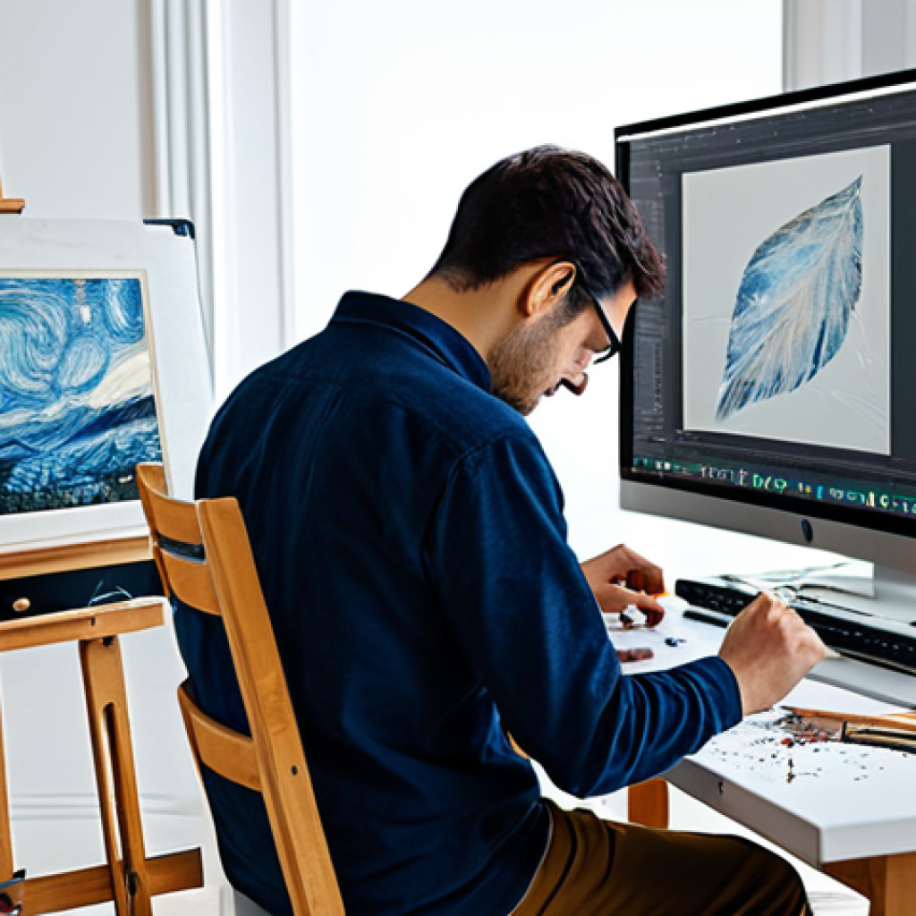 **
A professional artist in a brightly lit studio, working with a neural network interface on a large monitor, brushes and traditional tools scattered on a nearby table, fully clothed, modest attire, appropriate content, safe for work, perfect anatomy, natural proportions, digital art, high quality.
**