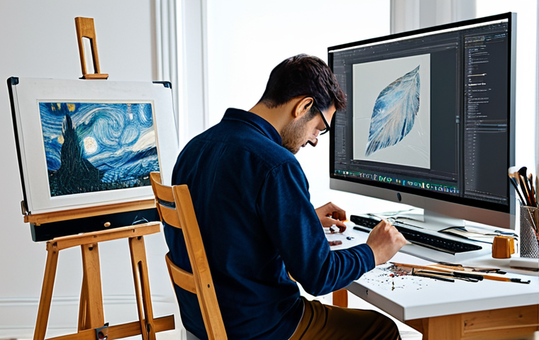 **
A professional artist in a brightly lit studio, working with a neural network interface on a large monitor, brushes and traditional tools scattered on a nearby table, fully clothed, modest attire, appropriate content, safe for work, perfect anatomy, natural proportions, digital art, high quality.
**