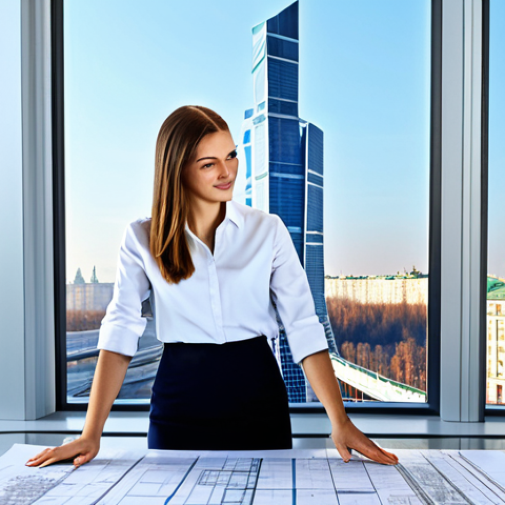 Professional Architect**

A professional female architect in a modern, fully clothed business attire standing in front of a blueprint-covered table, showcasing a skyscraper design. The scene takes place in a bright, spacious architectural office with large windows overlooking Moscow city center.  Perfect anatomy, correct proportions, well-formed hands, natural pose, appropriate content, fully clothed, professional, safe for work, family-friendly.

**