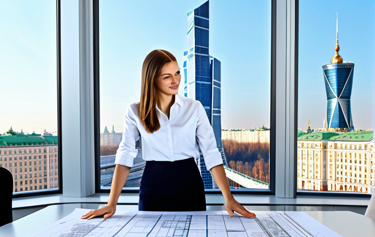 Professional Architect**
A professional female architect in a modern, fully clothed business attire standing in front of a blueprint-covered table, showcasing a skyscraper design. The scene takes place in a bright, spacious architectural office with large windows overlooking Moscow city center. Perfect anatomy, correct proportions, well-formed hands, natural pose, appropriate content, fully clothed, professional, safe for work, family-friendly.
**