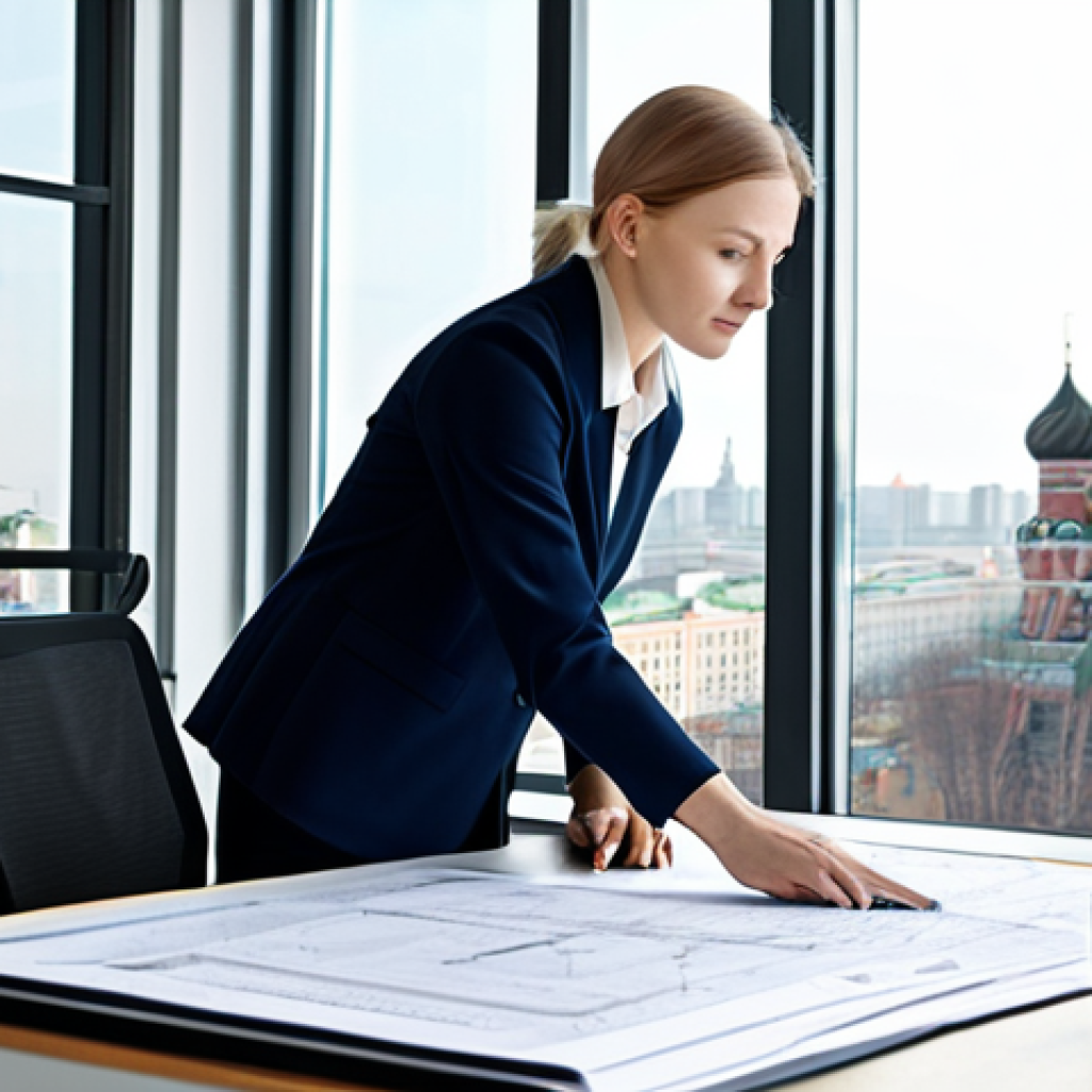 **
"A professional female architect in a modern, minimalist office in Moscow, fully clothed in stylish, modest business attire, reviewing blueprints with a colleague. Large windows overlook the cityscape. Safe for work, appropriate content, perfect anatomy, natural proportions, professional architectural photography, high quality, family-friendly."
**