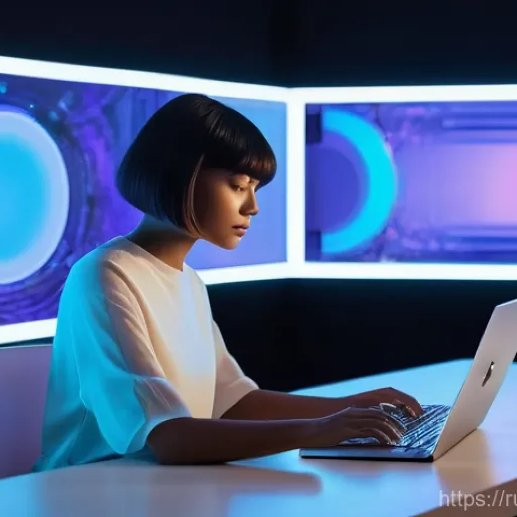 AI 예술과 데이터 기반 색채 디자인 - **Prompt:** A female artist, mid-20s, with a stylish bob haircut, sits at a sleek, minimalist desk i...