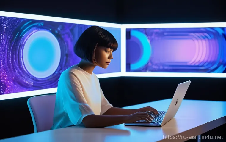 AI 예술과 데이터 기반 색채 디자인 - **Prompt:** A female artist, mid-20s, with a stylish bob haircut, sits at a sleek, minimalist desk i...