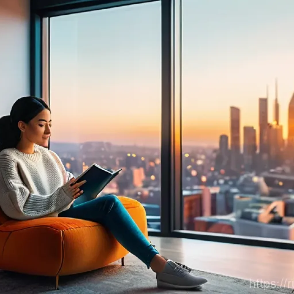AI 예술과 편집 기술 - A serene and futuristic apartment interior at golden hour. A young woman, dressed in a comfortable, ...