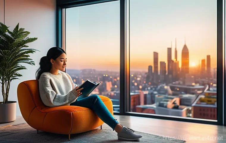 AI 예술과 편집 기술 - A serene and futuristic apartment interior at golden hour. A young woman, dressed in a comfortable, ...