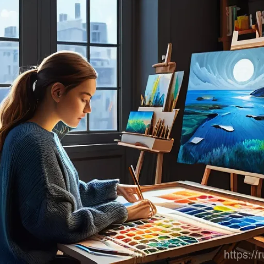 AI 예술의 미래 - **Prompt: "An inspiring and modern artist's studio where a young female painter, wearing a stylish o...