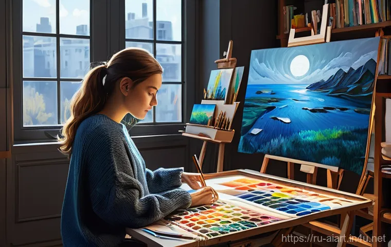 AI 예술의 미래 - **Prompt: "An inspiring and modern artist's studio where a young female painter, wearing a stylish o...