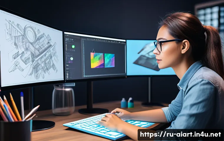 AI 예술과 라이브 일러스트 - A digital artist in a modern studio using a large touchscreen graphic tablet and stylus to create a ...