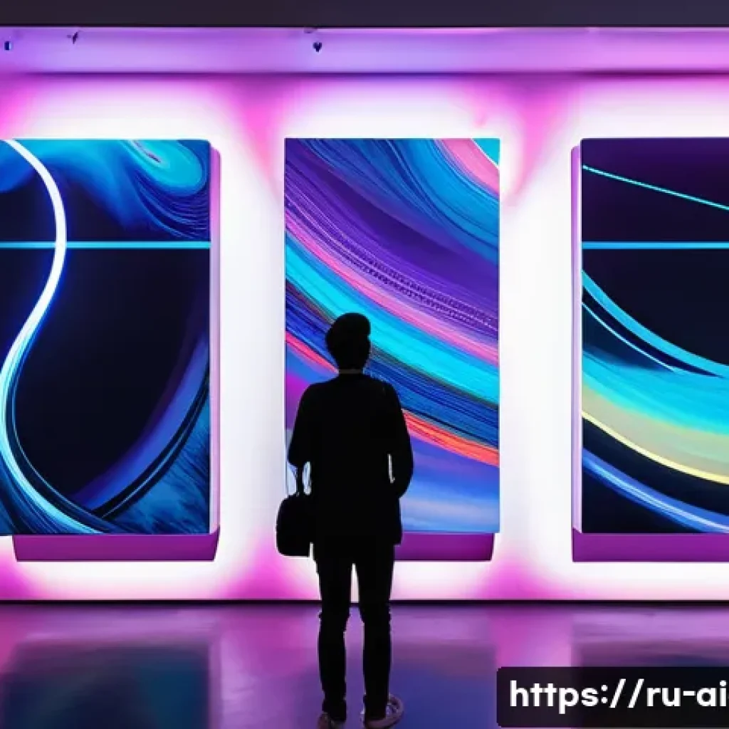 AI 예술과 미디어 아트 - A futuristic digital art gallery interior showcasing interactive AI-driven installations that combin...