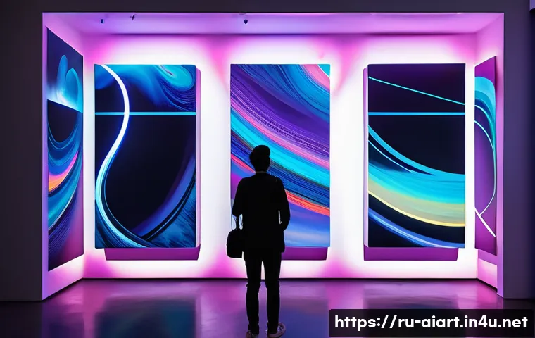 AI 예술과 미디어 아트 - A futuristic digital art gallery interior showcasing interactive AI-driven installations that combin...