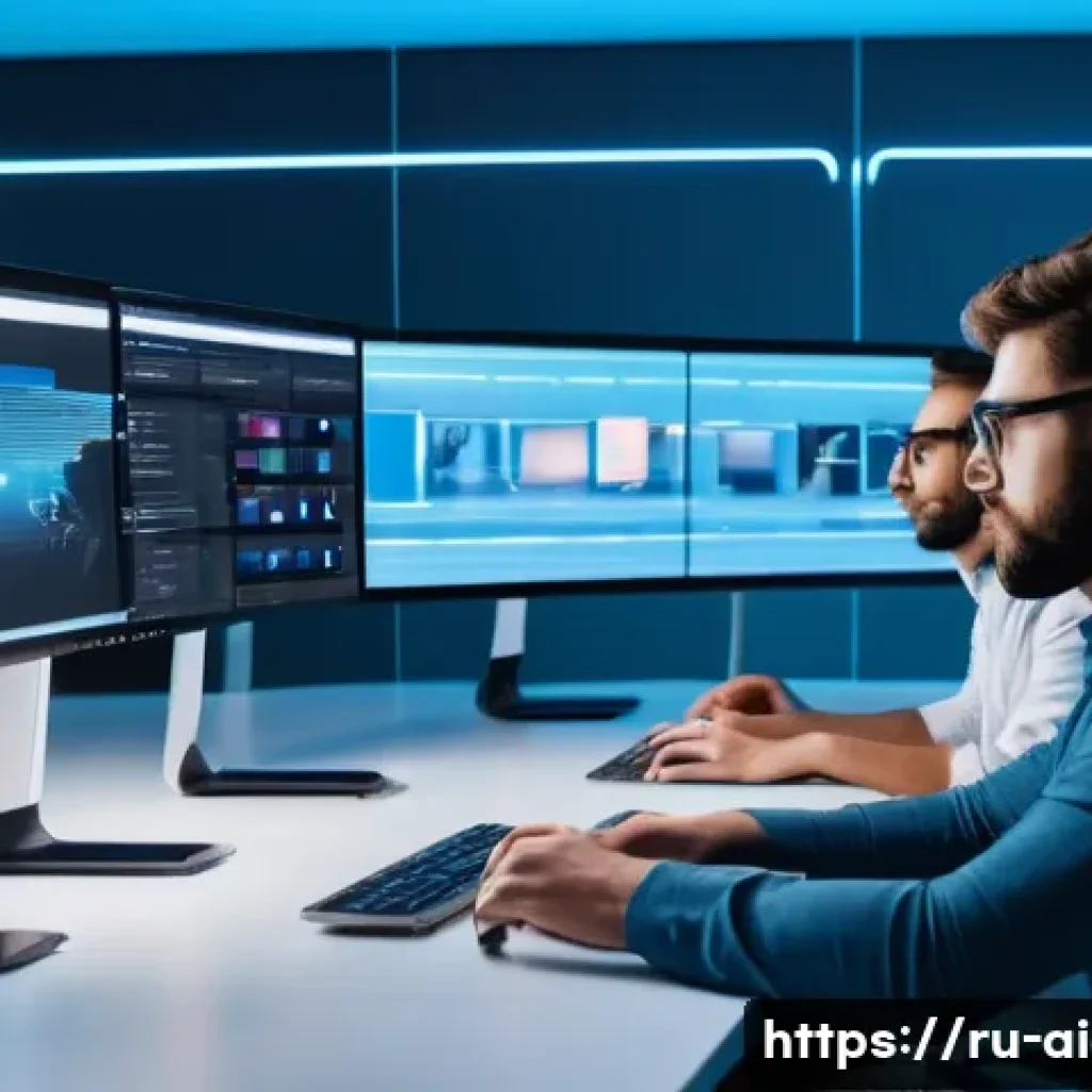 AI 영상 예술 - A modern video editing studio showcasing an AI-powered workflow: a diverse team of creative professi...