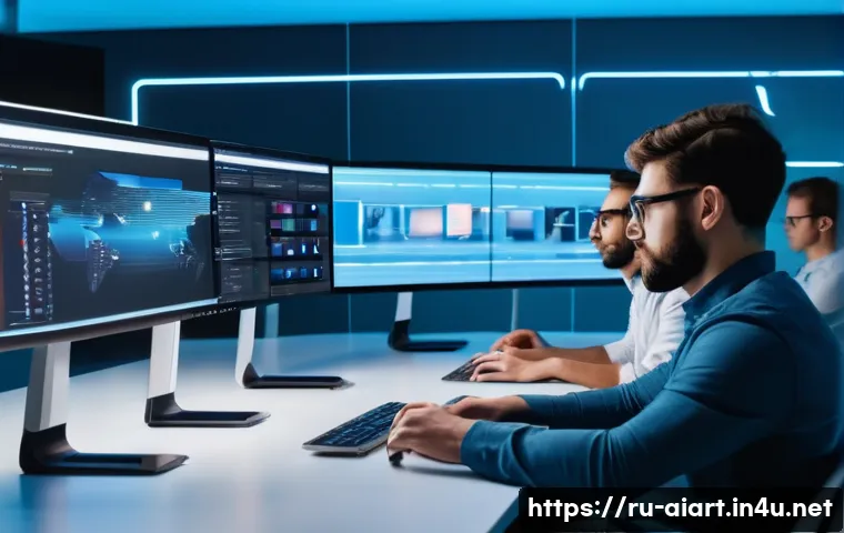 AI 영상 예술 - A modern video editing studio showcasing an AI-powered workflow: a diverse team of creative professi...