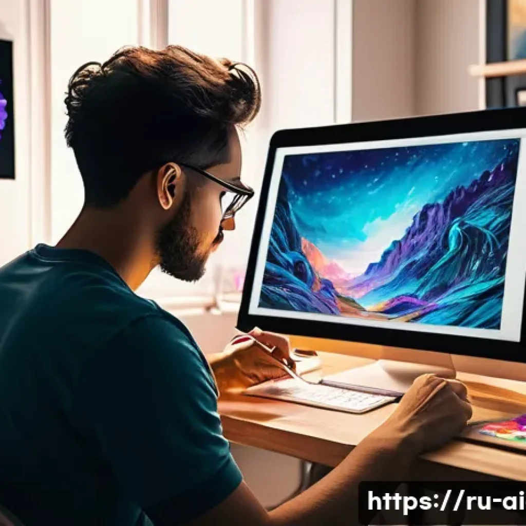 AI 예술과 이머징 테크놀로지 - A modern digital artist&rsquo;s workspace showcasing a vibrant creative process: a young adult wearing cas...