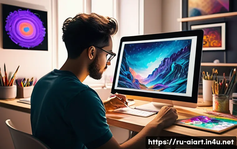 AI 예술과 이머징 테크놀로지 - A modern digital artist’s workspace showcasing a vibrant creative process: a young adult wearing cas...