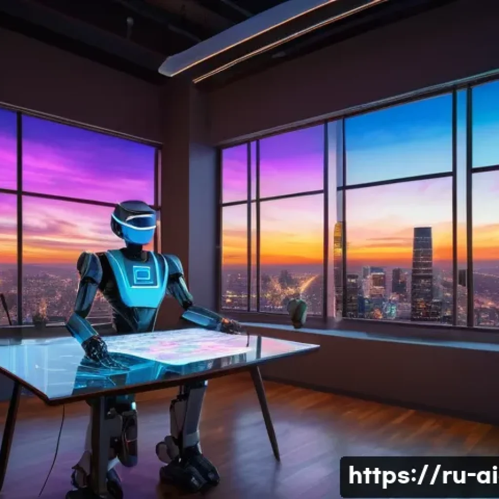 AI 예술가 인터뷰 - A futuristic AI artist&rsquo;s studio filled with advanced technology: holographic screens displaying vibr...