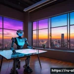 Home 21 AI 예술가 인터뷰 - A futuristic AI artist’s studio filled with advanced technology: holographic screens displaying vibr...