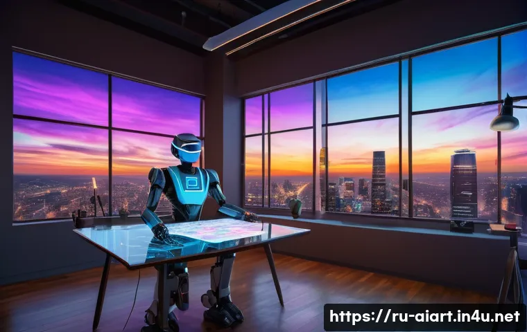 AI 예술가 인터뷰 - A futuristic AI artist’s studio filled with advanced technology: holographic screens displaying vibr...