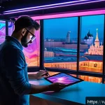 Home 20 AI 예술 시장 동향 - A futuristic art studio where a human artist collaborates with an advanced AI holographic assistant,...