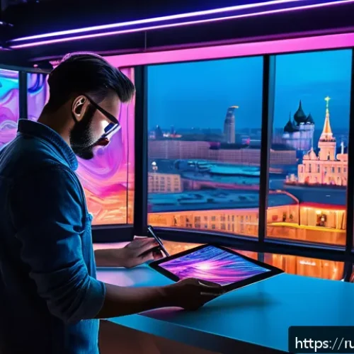 Home 32 AI 예술 시장 동향 - A futuristic art studio where a human artist collaborates with an advanced AI holographic assistant,...