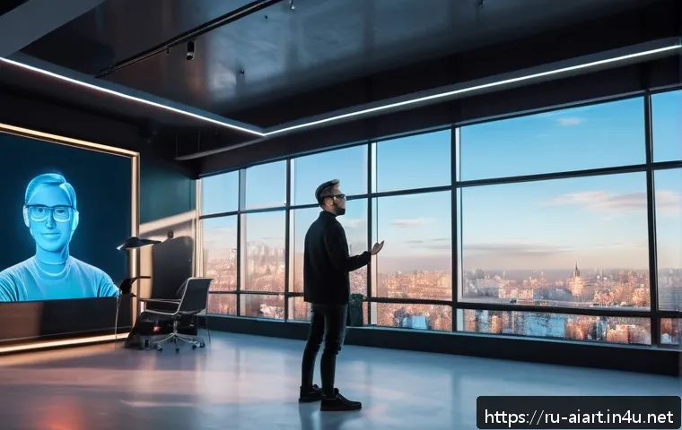 AI 예술과 딥페이크 - A futuristic digital artist's studio in Moscow, featuring a large holographic screen displaying anim...