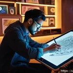 Home 18 AI 예술과 AI 드로잉 - A futuristic artist’s studio blending traditional and digital art elements: an elegant workspace wit...