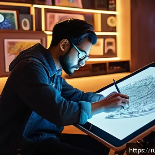 Home 30 AI 예술과 AI 드로잉 - A futuristic artist’s studio blending traditional and digital art elements: an elegant workspace wit...