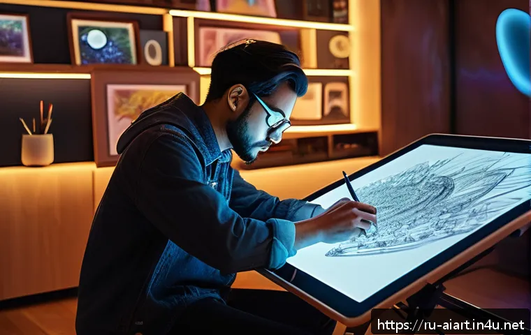 AI 예술과 AI 드로잉 - A futuristic artist&rsquo;s studio blending traditional and digital art elements: an elegant workspace wit...