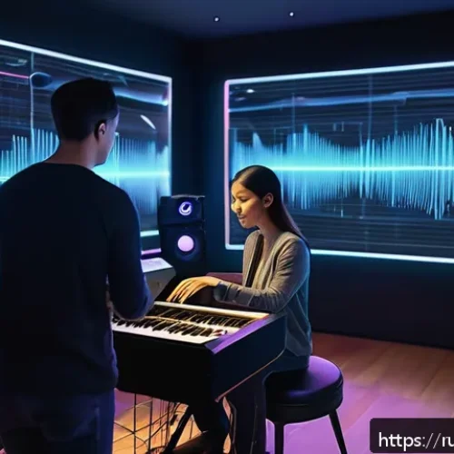 Home 17 AI 작곡 기술 - A futuristic music studio scene featuring a diverse group of musicians collaborating with advanced A...