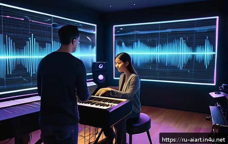 AI 작곡 기술 - A futuristic music studio scene featuring a diverse group of musicians collaborating with advanced A...