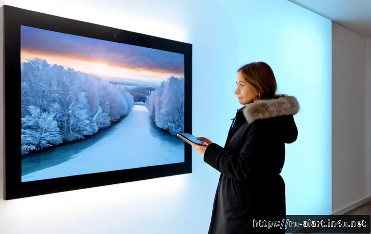 Home 17 AI 예술과 AR 아트 - Photorealistic contemporary art gallery in Moscow, a Russian woman in a winter coat viewing an AI-ge...