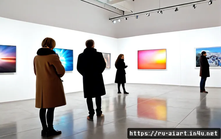 AI 아트 전시회 - Photorealistic contemporary AI art exhibition in a refined Moscow-style modern gallery, a diverse gr...