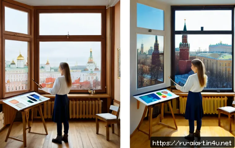 AI 예술과 AI 필터 - Photorealistic split-screen comparison of a young Russian female artist in a bright Moscow-style apa...